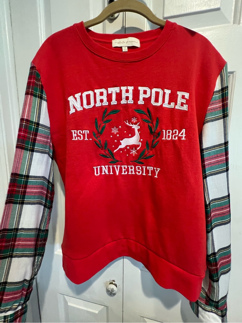 UPCYCLED🌟North Pole University Red Sweatshirt w added Plaid-Sleeves ❤️